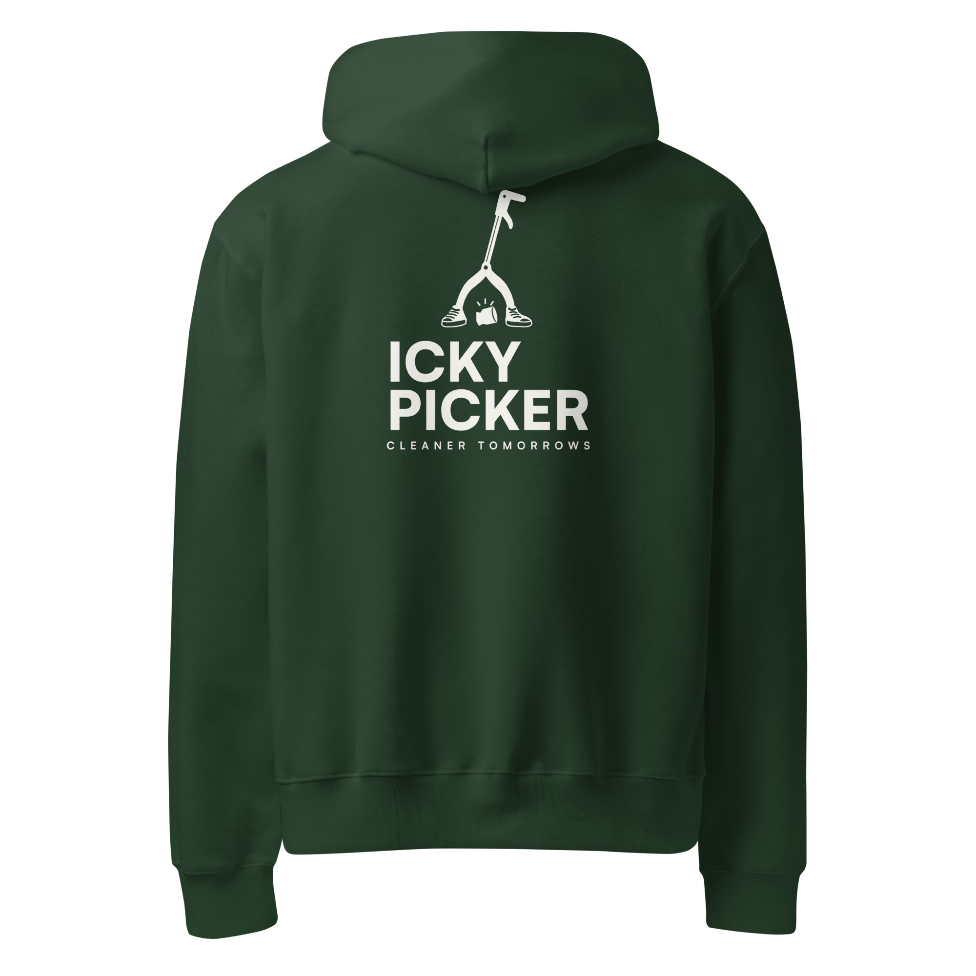 Back of a forest green hoodie with the Icky Picker mascot, the words ICKY PICKER and Cleaner tomorrows printed in cream.